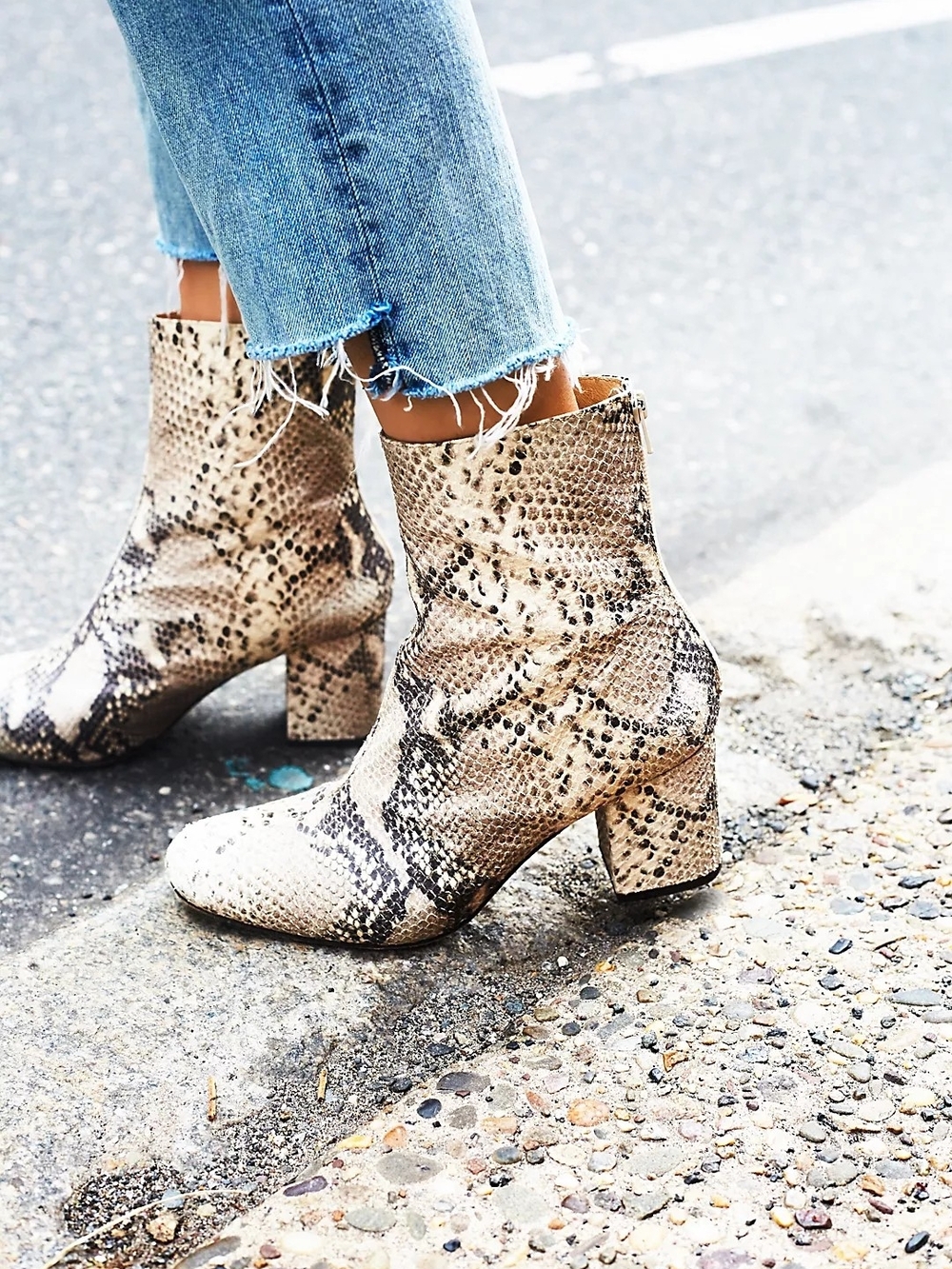 Free People Beige Snake-Print Block Heel Ankle Boots